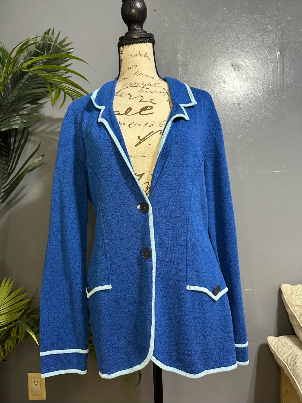 NIC+ZOE Royal Blue Knit Blazer with Light Blue Trim